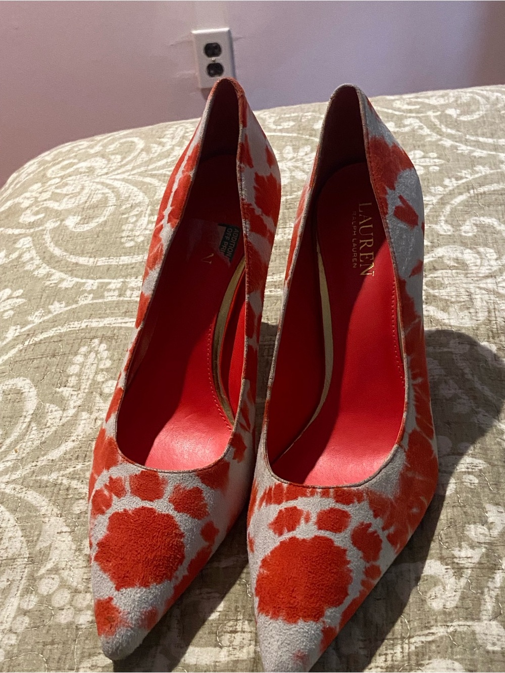 LAUREN Ralph Lauren Orange and Gray Floral Pointed-Toe Pumps 4 inches tall